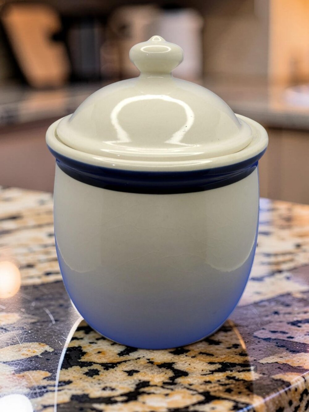 vintage gibson stoneware large blue/cream color crock.